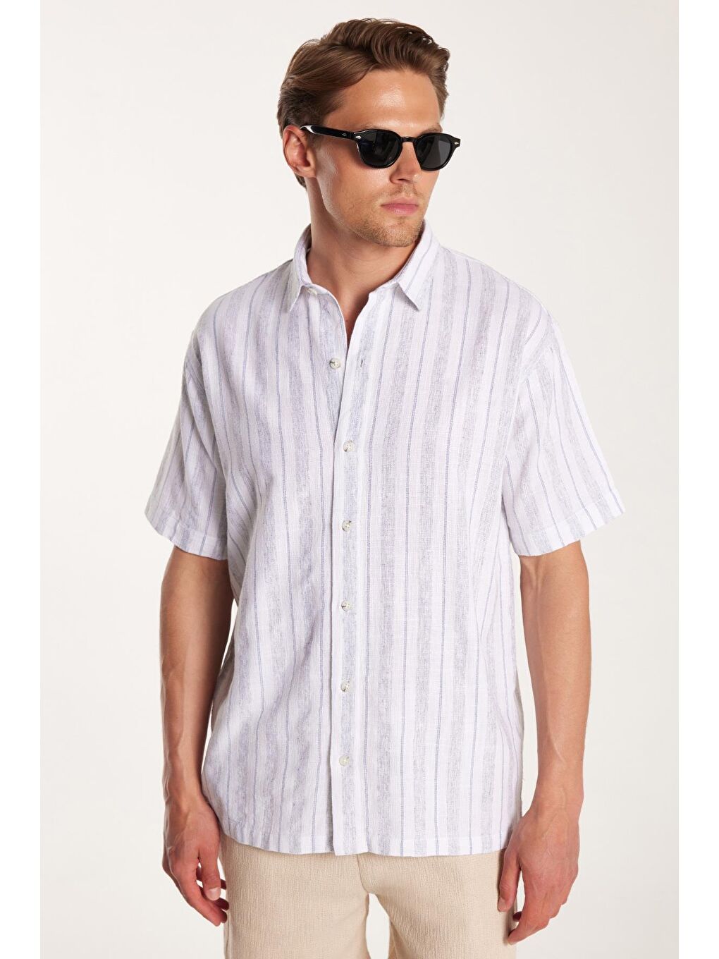 Karışık Relax Fit Oversıze Pamuklu Keten Efekt Çizgili Özel Tasarım Erkek Gömlek