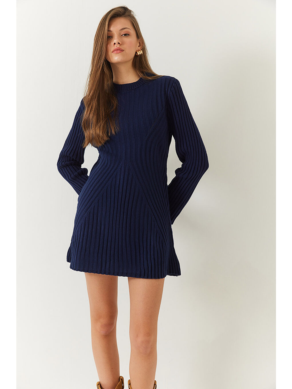 Lacivert Kadın Bisiklet Yaka Fitilli Triko Elbise-2