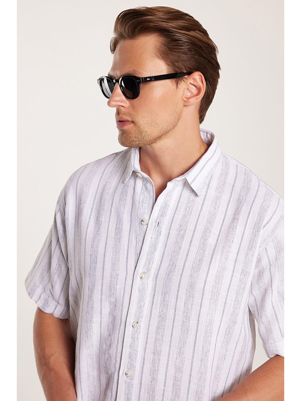 Karışık Relax Fit Oversıze Pamuklu Keten Efekt Çizgili Özel Tasarım Erkek Gömlek-1