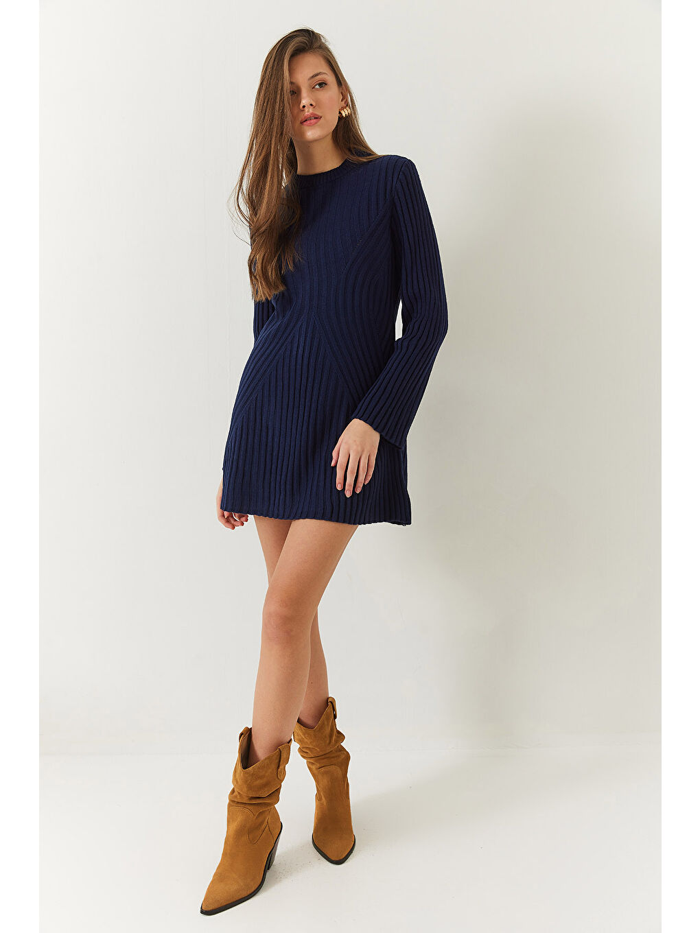 Lacivert Kadın Bisiklet Yaka Fitilli Triko Elbise-3