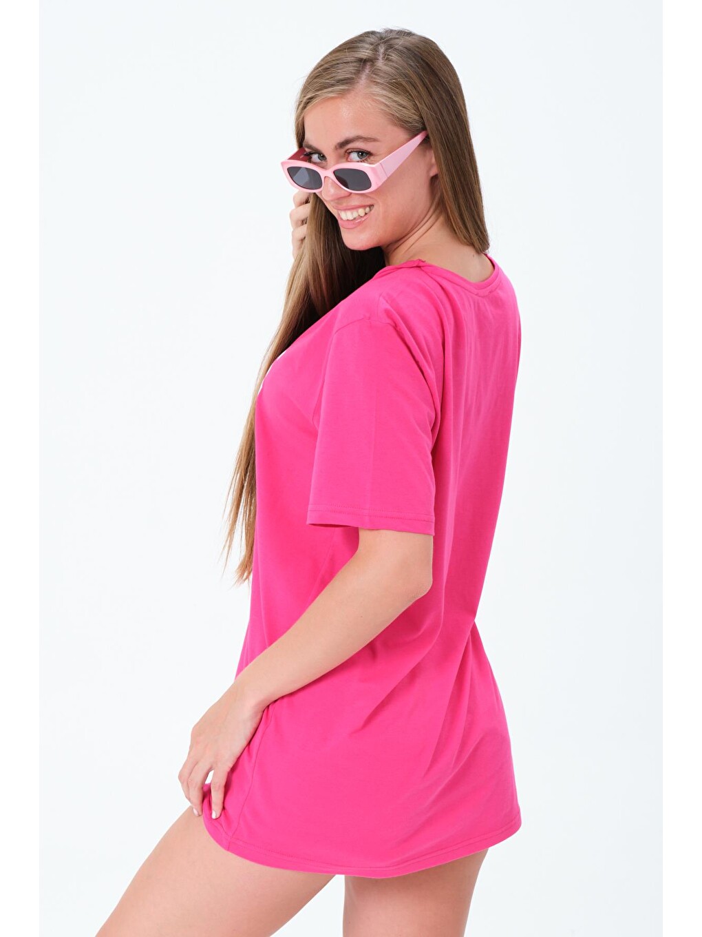 Fuşya Bisiklet Yaka Self Love İlizyon Baskılı Beyaz Oversize Kadın Tişört-3