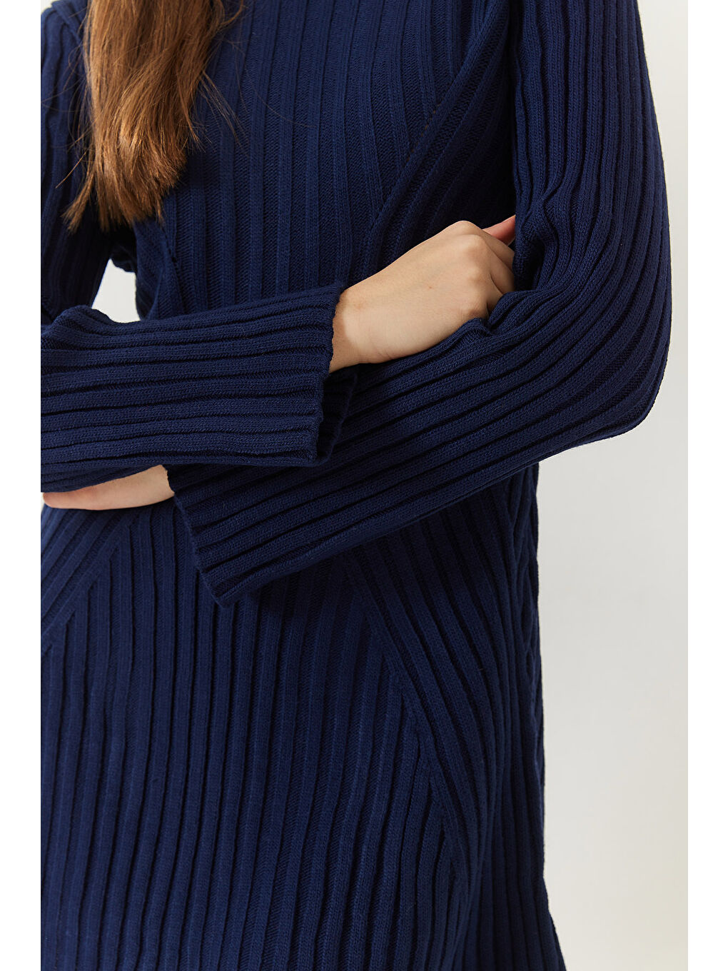 Lacivert Kadın Bisiklet Yaka Fitilli Triko Elbise-4