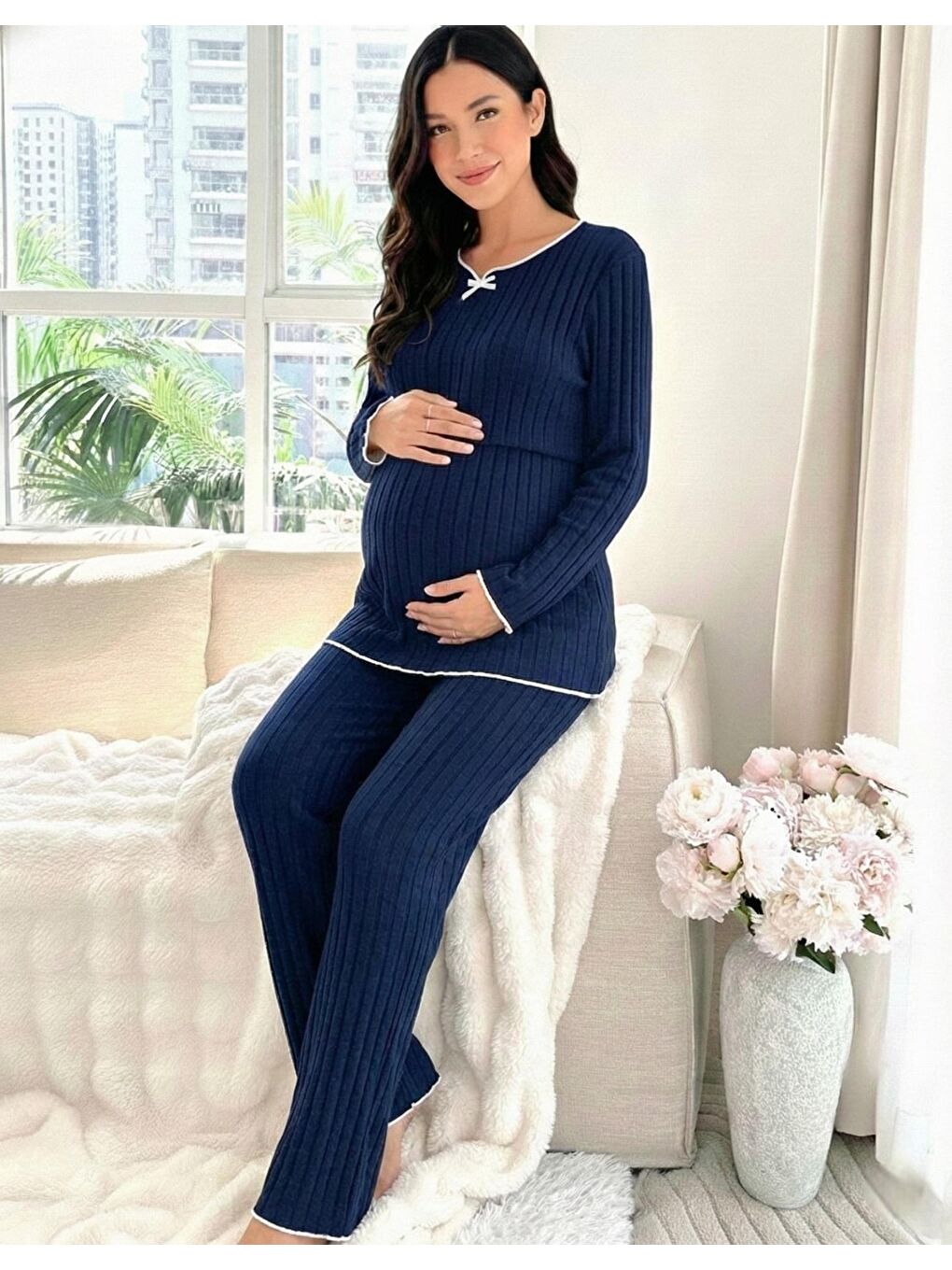 Lacivert Yumoş Dokulu Emzirmeye Uygun Ayarlanabilir Bel Destekli Hamile & Lohusa Pijama Takımı-2