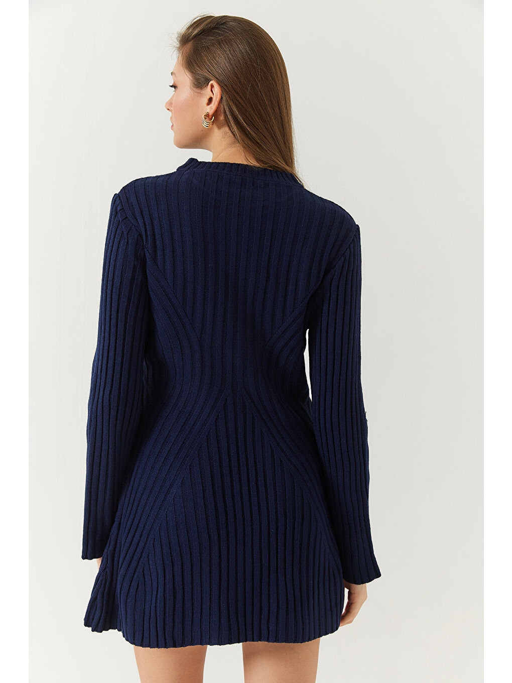 Lacivert Kadın Bisiklet Yaka Fitilli Triko Elbise-5