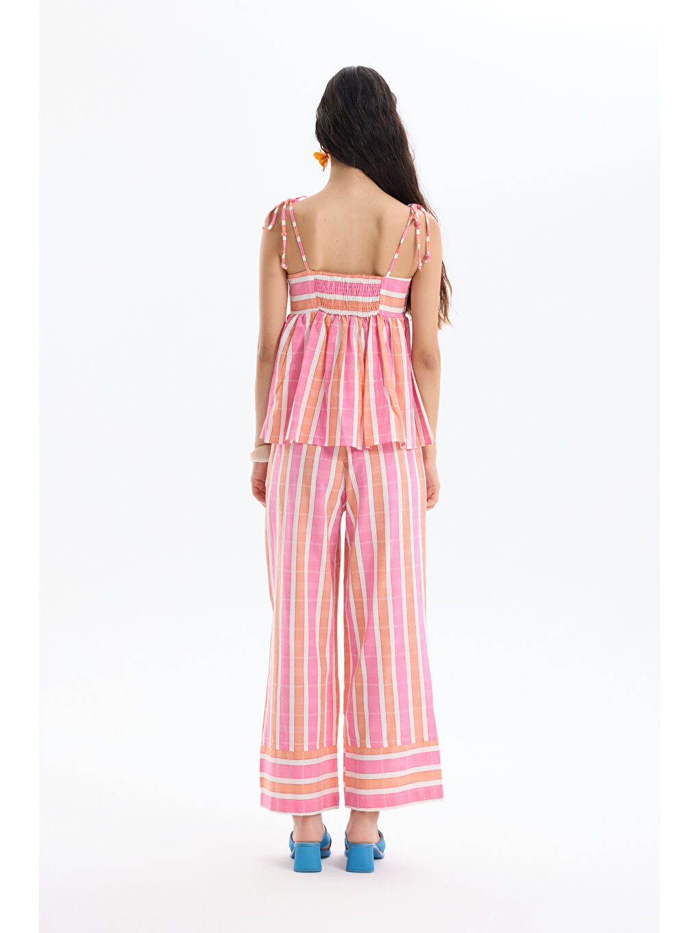 Çizgili Omuzu Bağcıklı Bluz Pembe-4