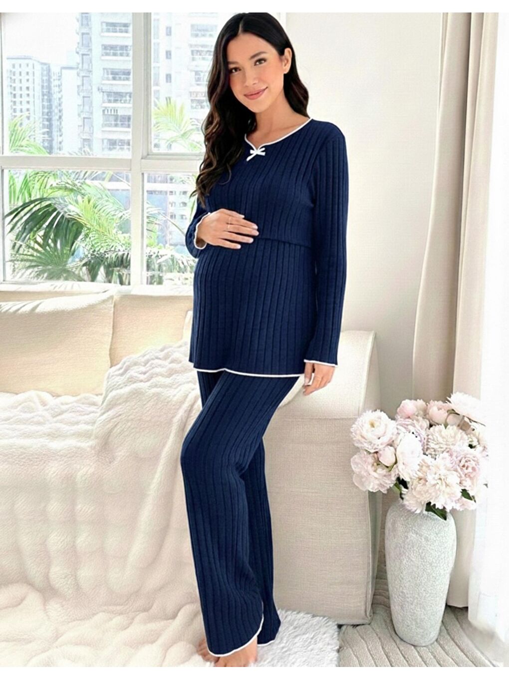 Lacivert Yumoş Dokulu Emzirmeye Uygun Ayarlanabilir Bel Destekli Hamile & Lohusa Pijama Takımı-3