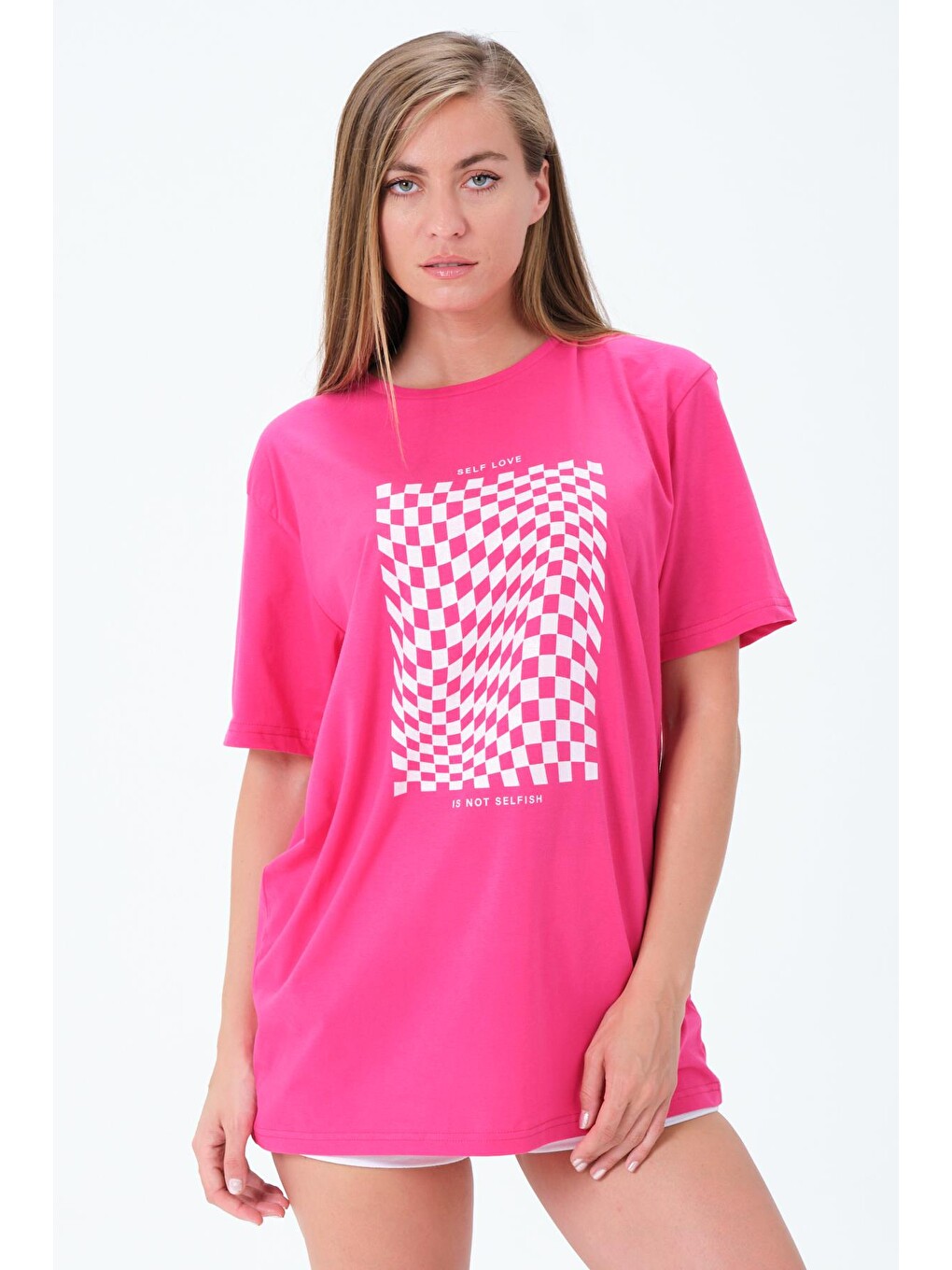 Fuşya Bisiklet Yaka Self Love İlizyon Baskılı Beyaz Oversize Kadın Tişört-4