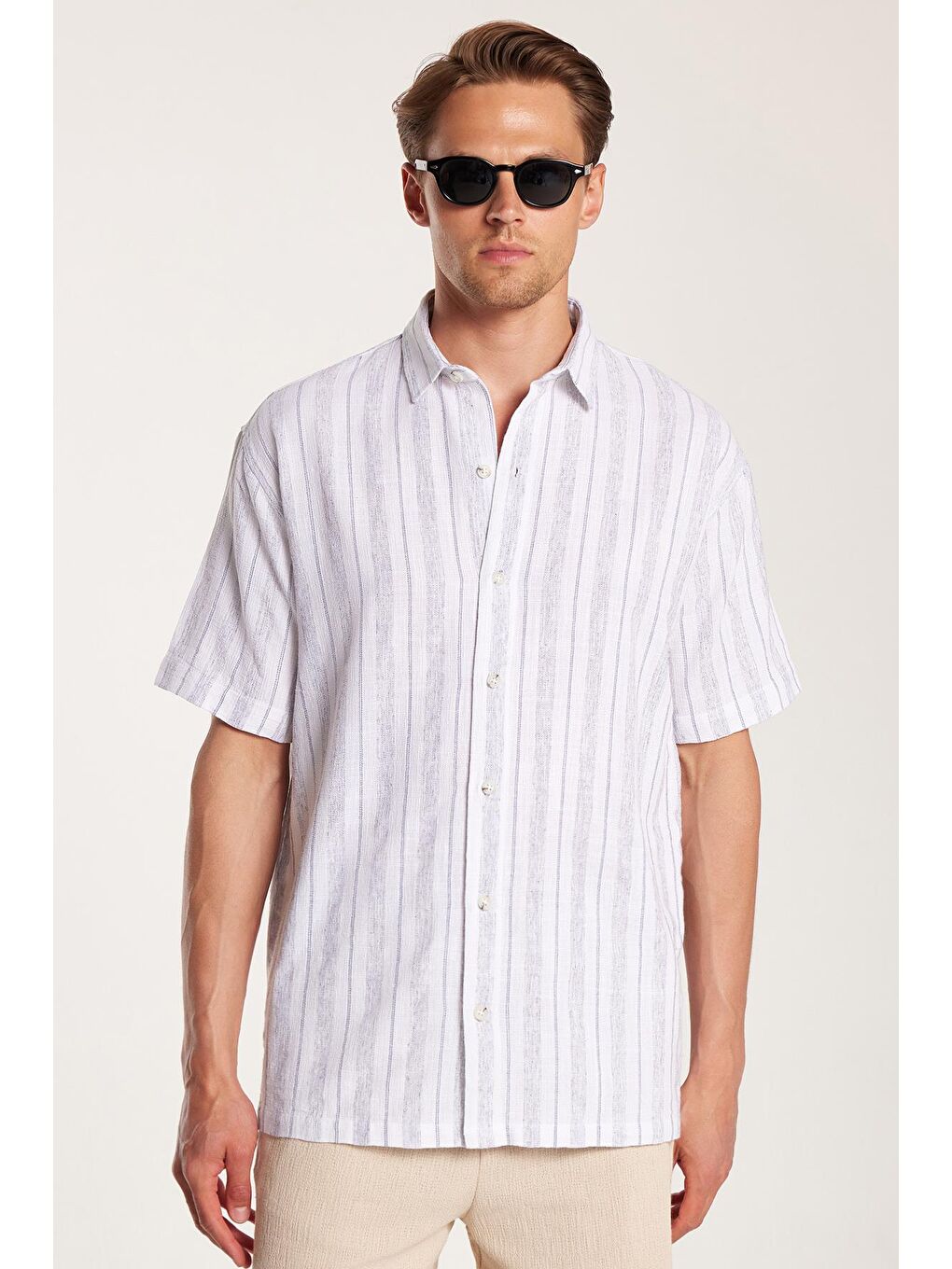 Karışık Relax Fit Oversıze Pamuklu Keten Efekt Çizgili Özel Tasarım Erkek Gömlek-3