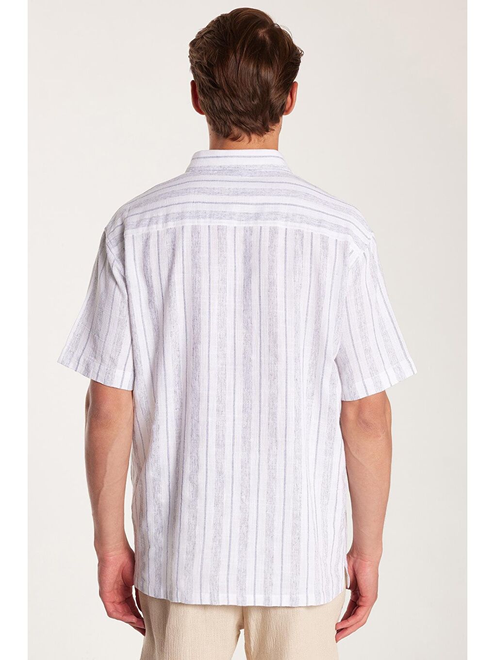 Karışık Relax Fit Oversıze Pamuklu Keten Efekt Çizgili Özel Tasarım Erkek Gömlek-4