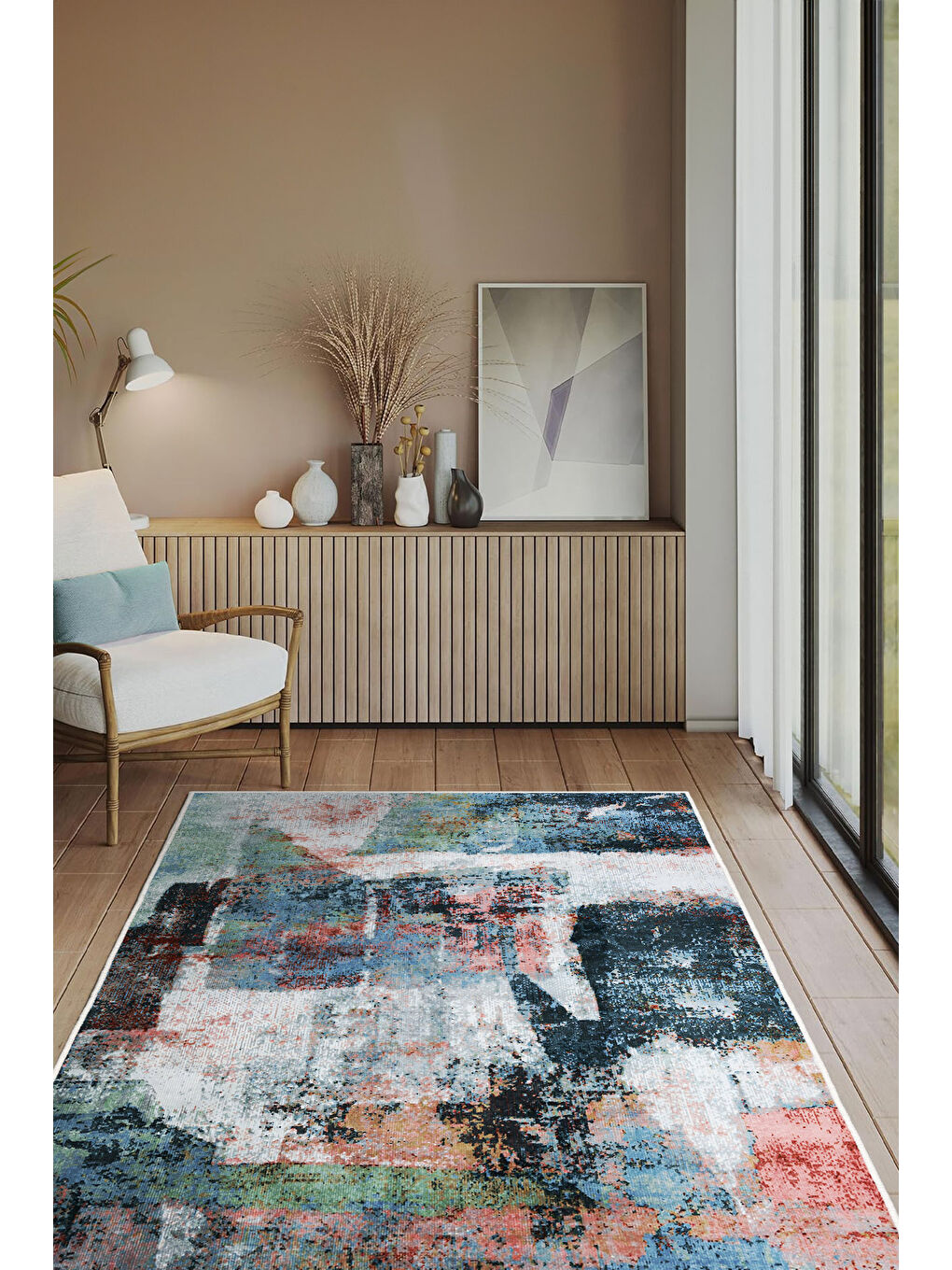 Bej Dekoratif Özel Tasarım Yıkanabilir İnce Kaymaz Tabanlı Modern Halı KECE FR33-2