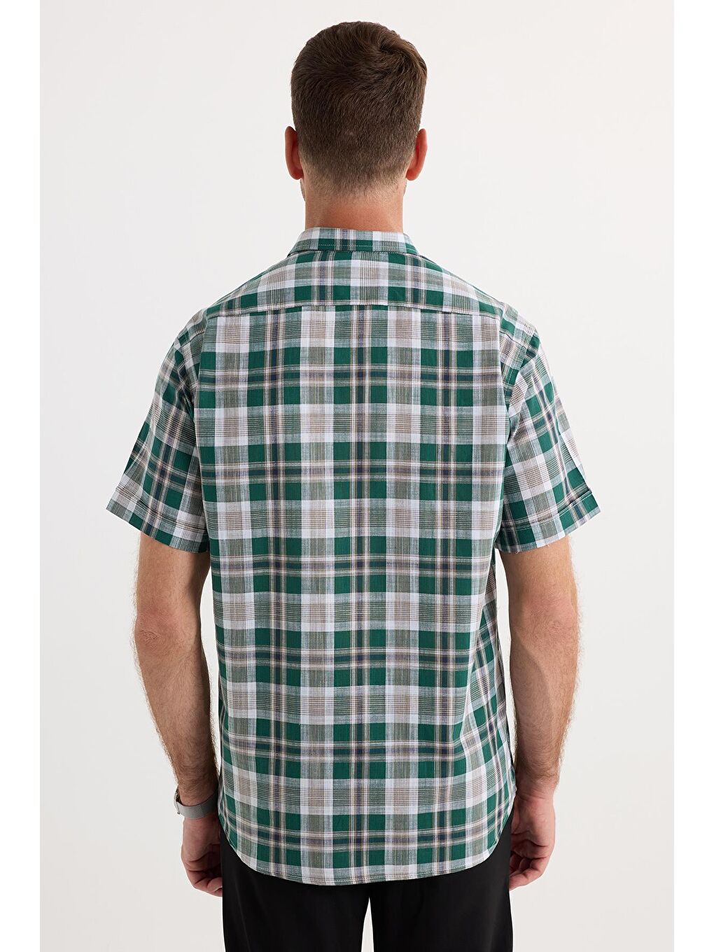 Karışık Erkek Regular Fit Klasik Kesim %100 Pamuk Keten Doku Cepli Kareli Kısa Kollu Düğmeli Yaka Gömlek-6