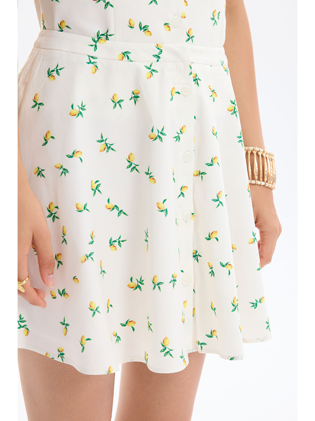 Limon Desenli Mini Etek Ekru-3