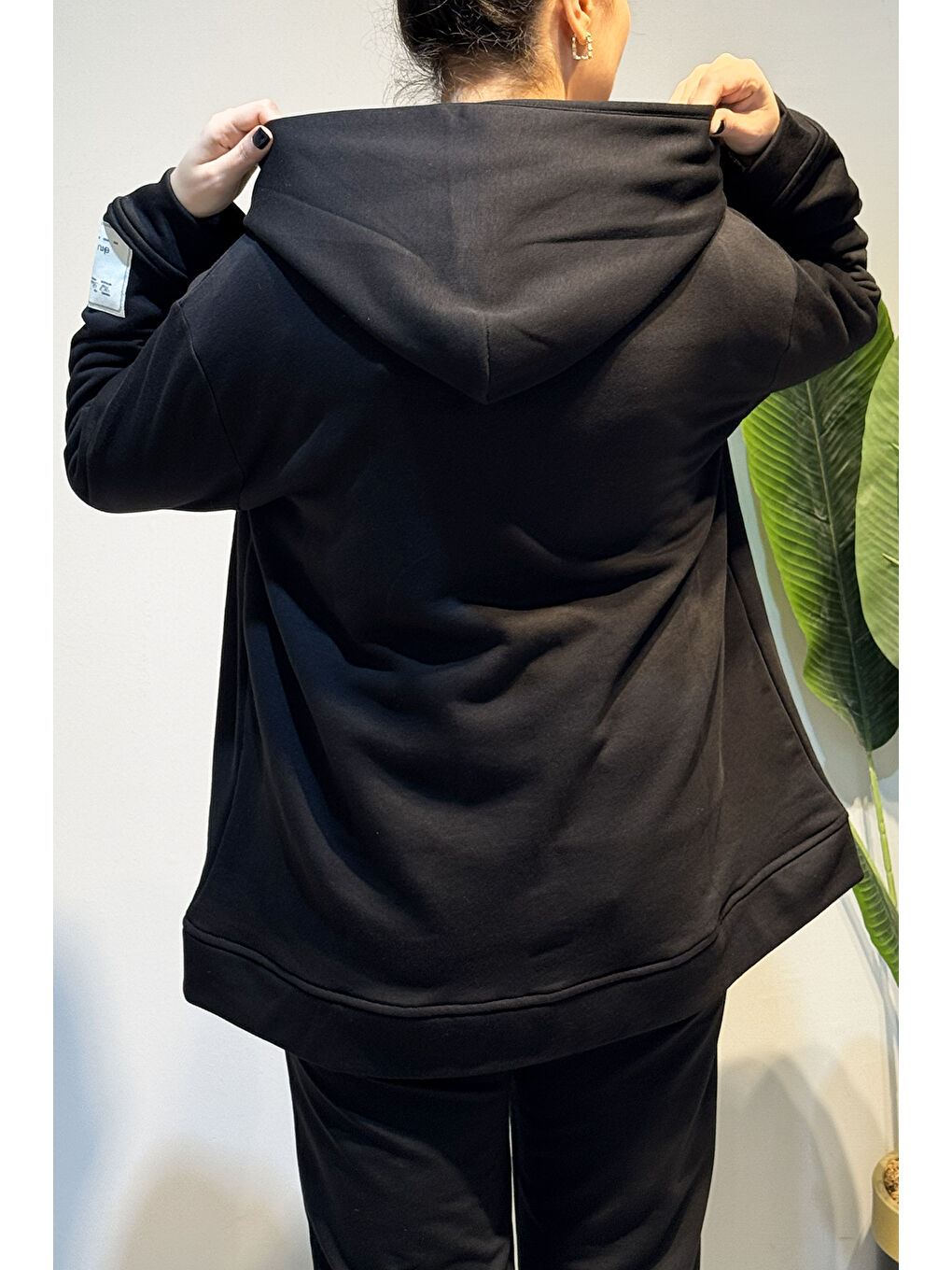 Kol Etiket Detay Kapüşonlu Fermuarlı Sweat Ceket 3176 Siyah-4
