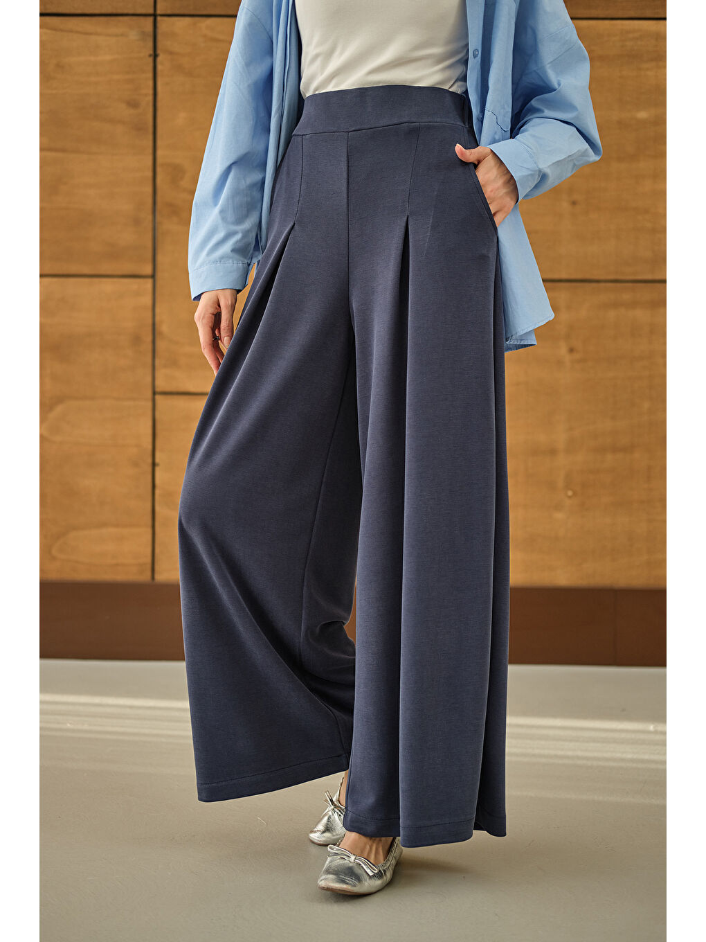 Kadın Bol Paça Pantolon İndigo Mavi-1