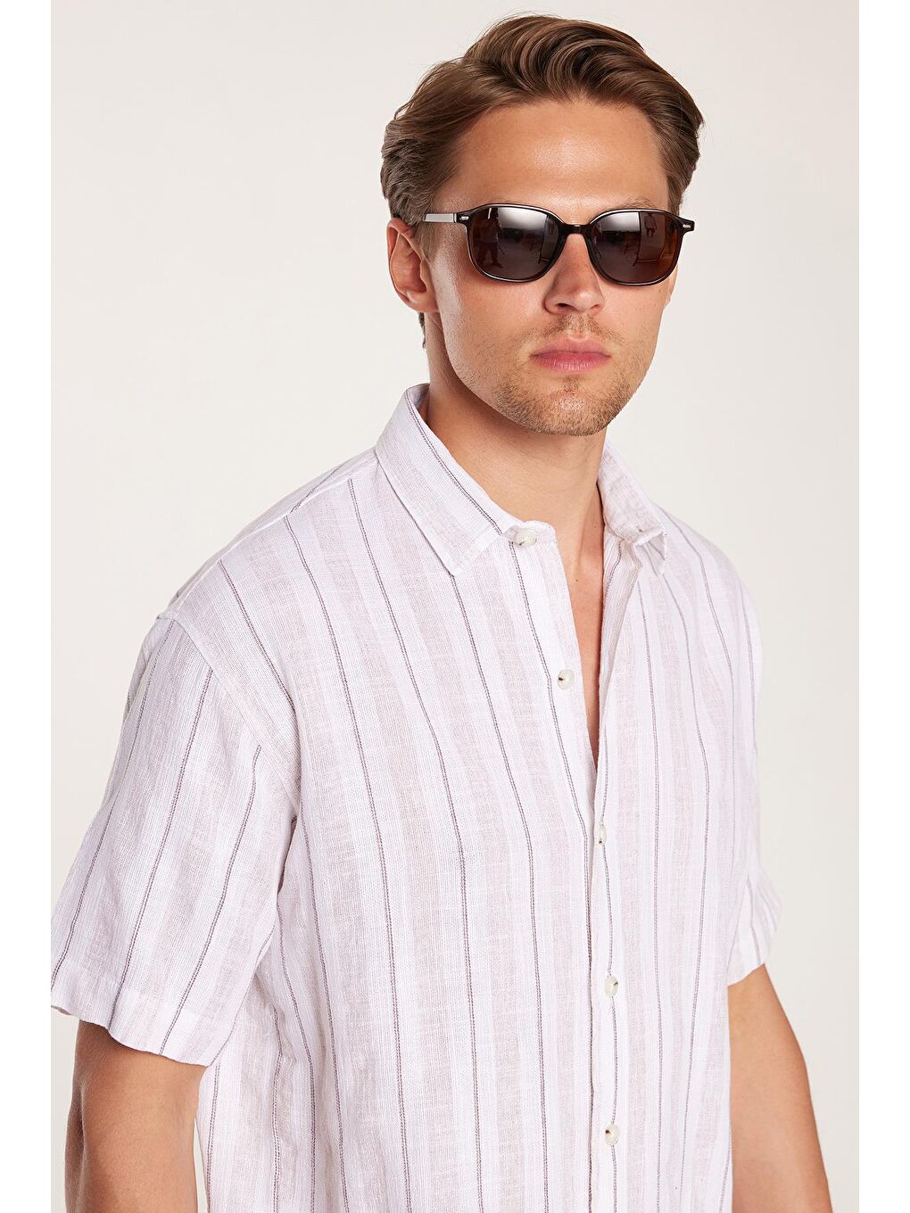 Karışık Relax Fit Oversıze Pamuklu Keten Efekt Çizgili Özel Tasarım Erkek Gömlek