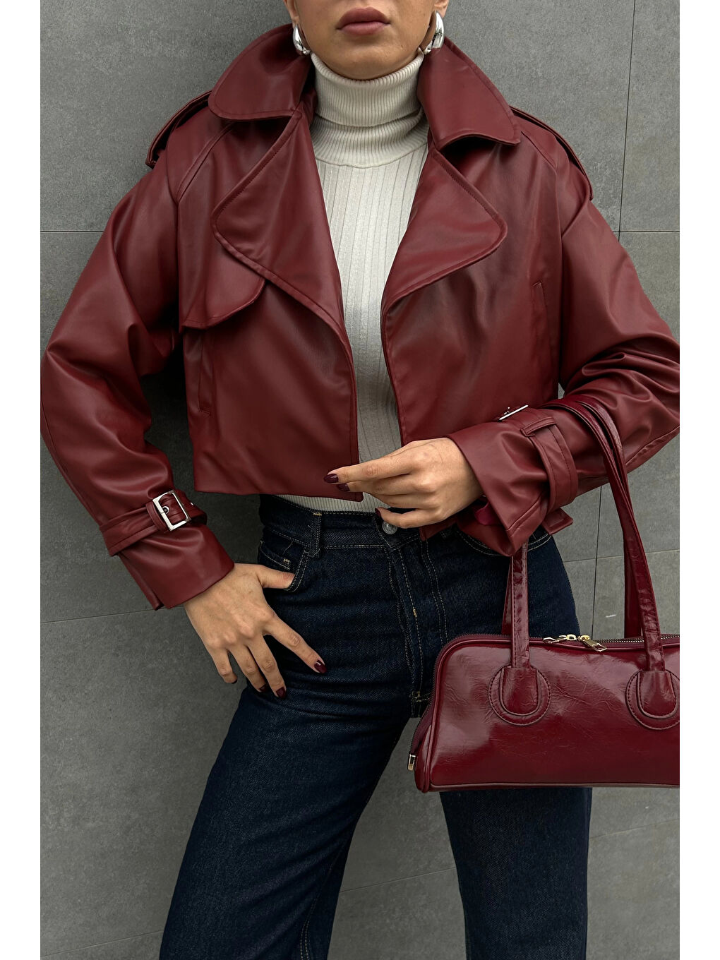 Kadın Bordo Crop Deri Ceket 0990-5055
