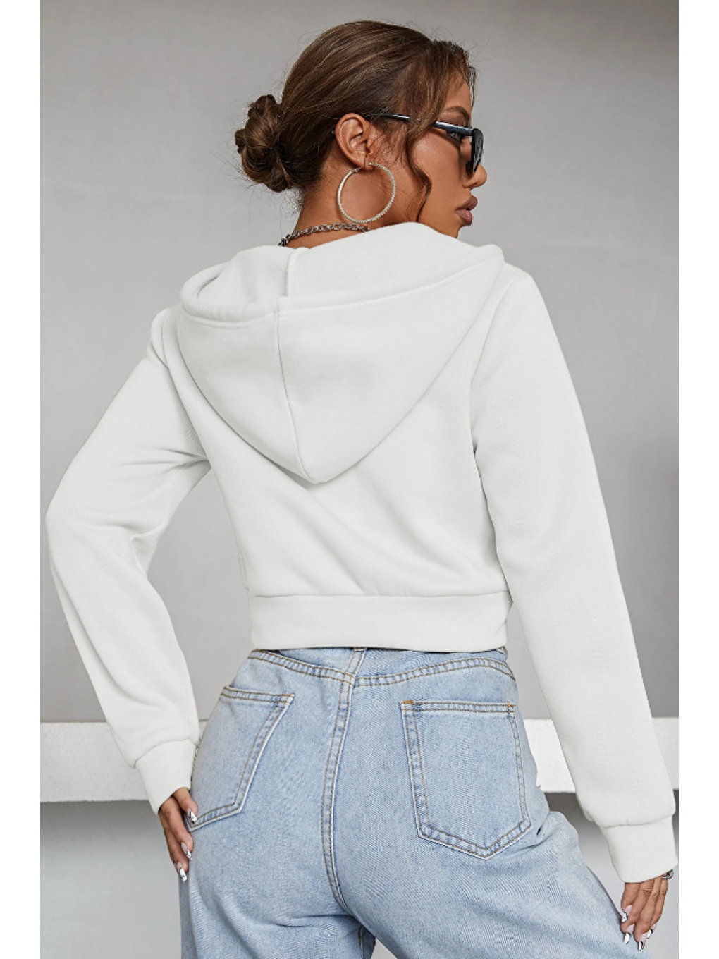 Kadın Kapüşonlu Şardonlu Beyaz Renk Crop Sweatshirt-3