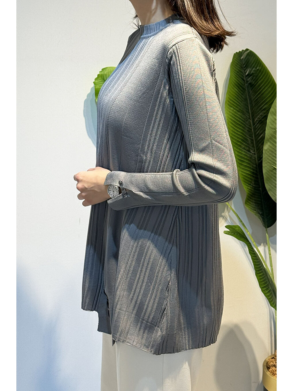 Aksesuar Detaylı Fitilli Triko Tunik 35041 Gri-2