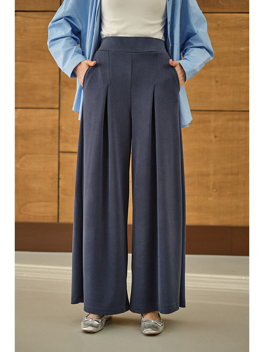 Kadın Bol Paça Pantolon İndigo Mavi-2