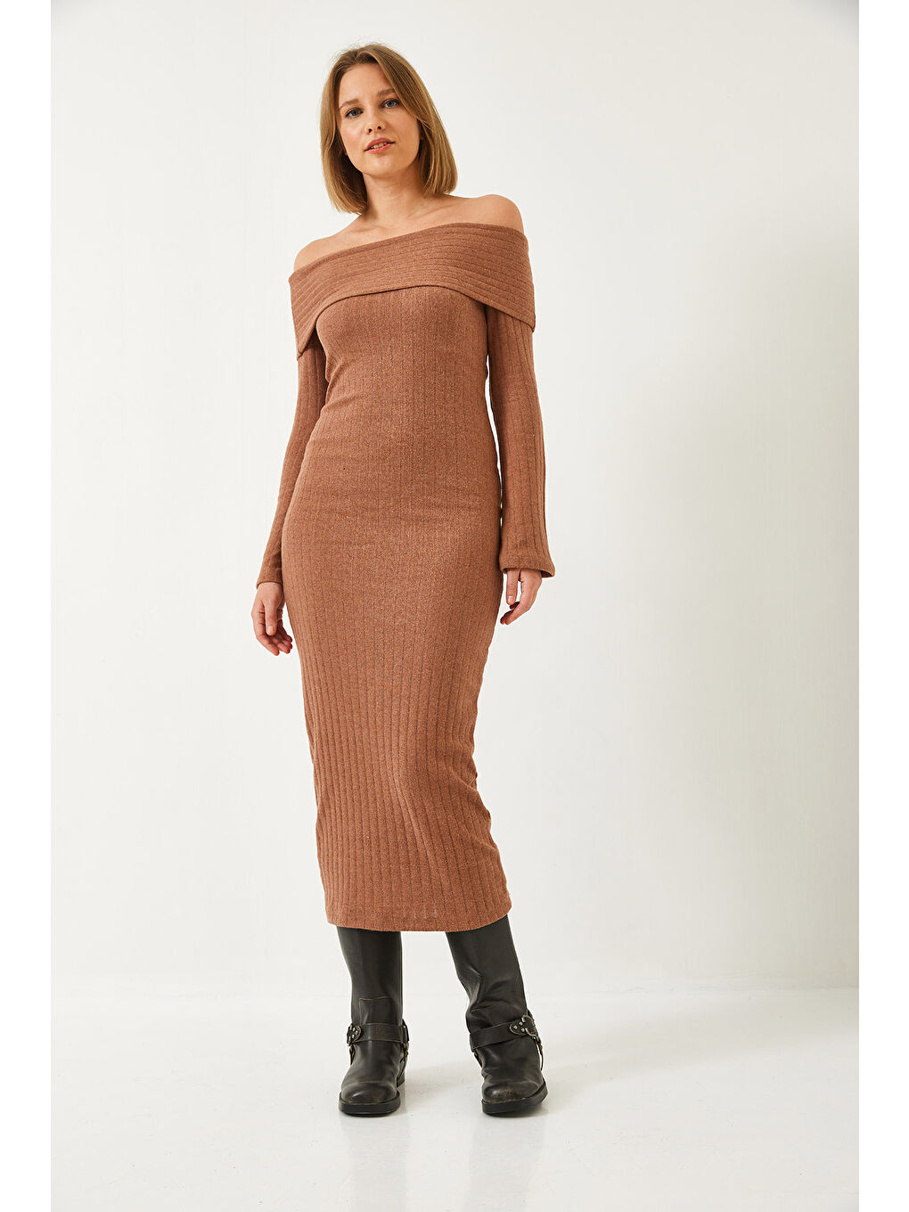 Kahverengi Kadın Madonna Yaka İspanyol Kol Fitilli Elbise-1
