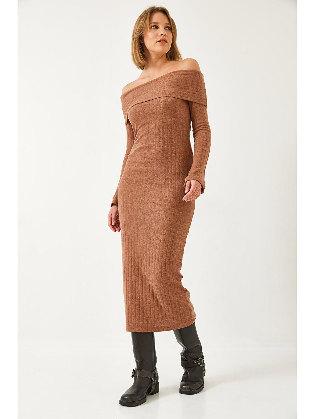 Kahverengi Kadın Madonna Yaka İspanyol Kol Fitilli Elbise-2