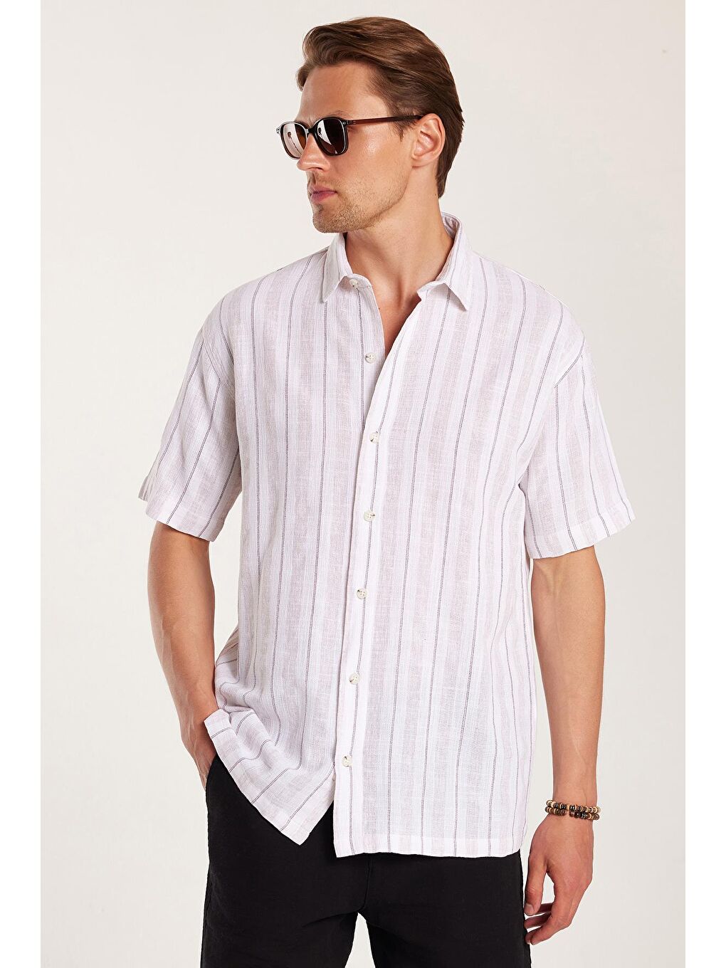 Karışık Relax Fit Oversıze Pamuklu Keten Efekt Çizgili Özel Tasarım Erkek Gömlek-1