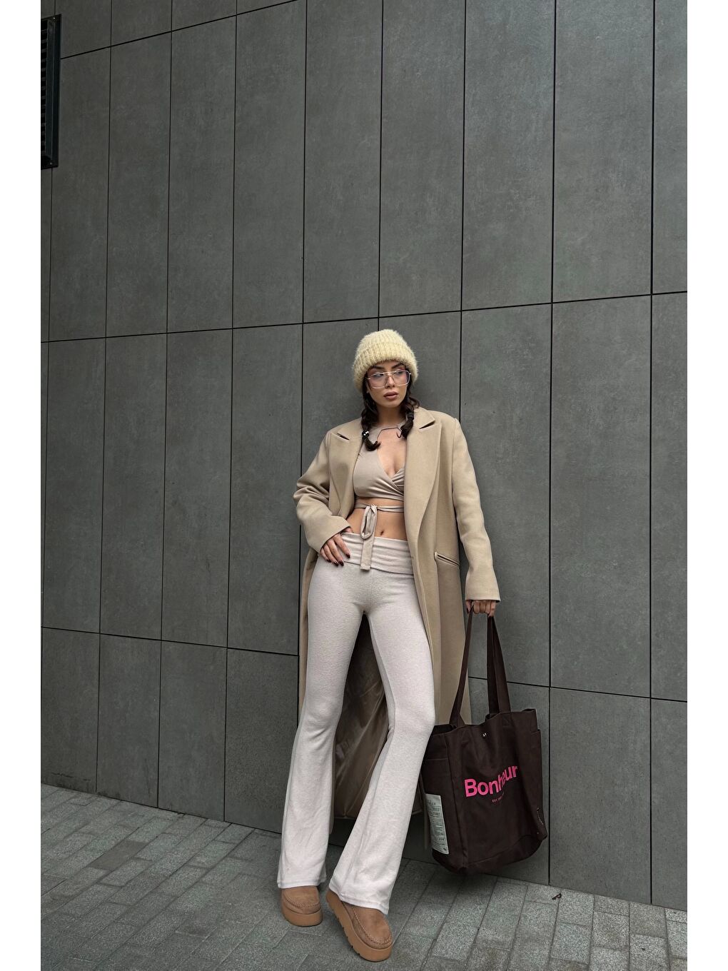 Kadın Bej Bel Katlamalı Pantolon 1010-0350-4