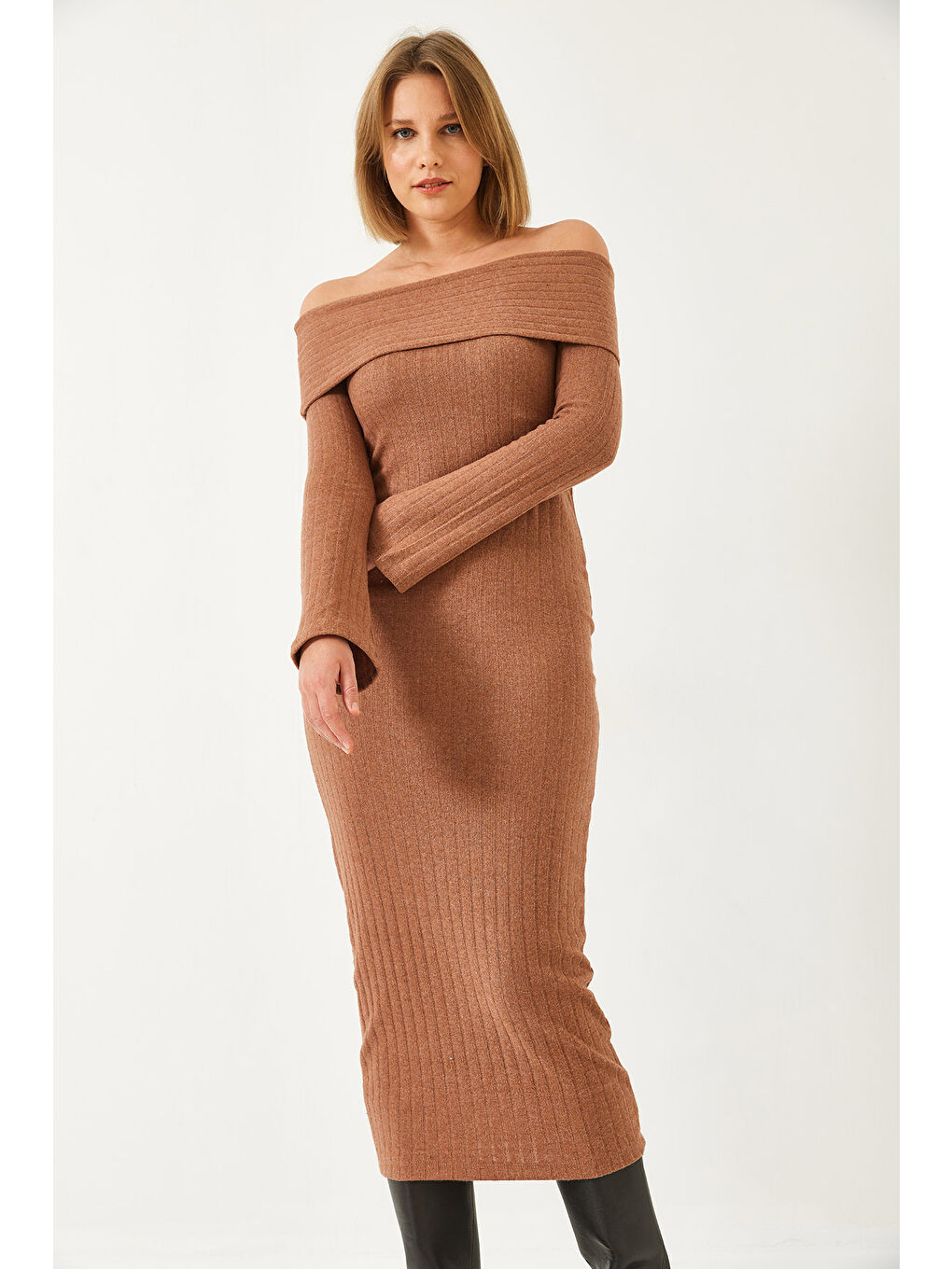 Kahverengi Kadın Madonna Yaka İspanyol Kol Fitilli Elbise-3