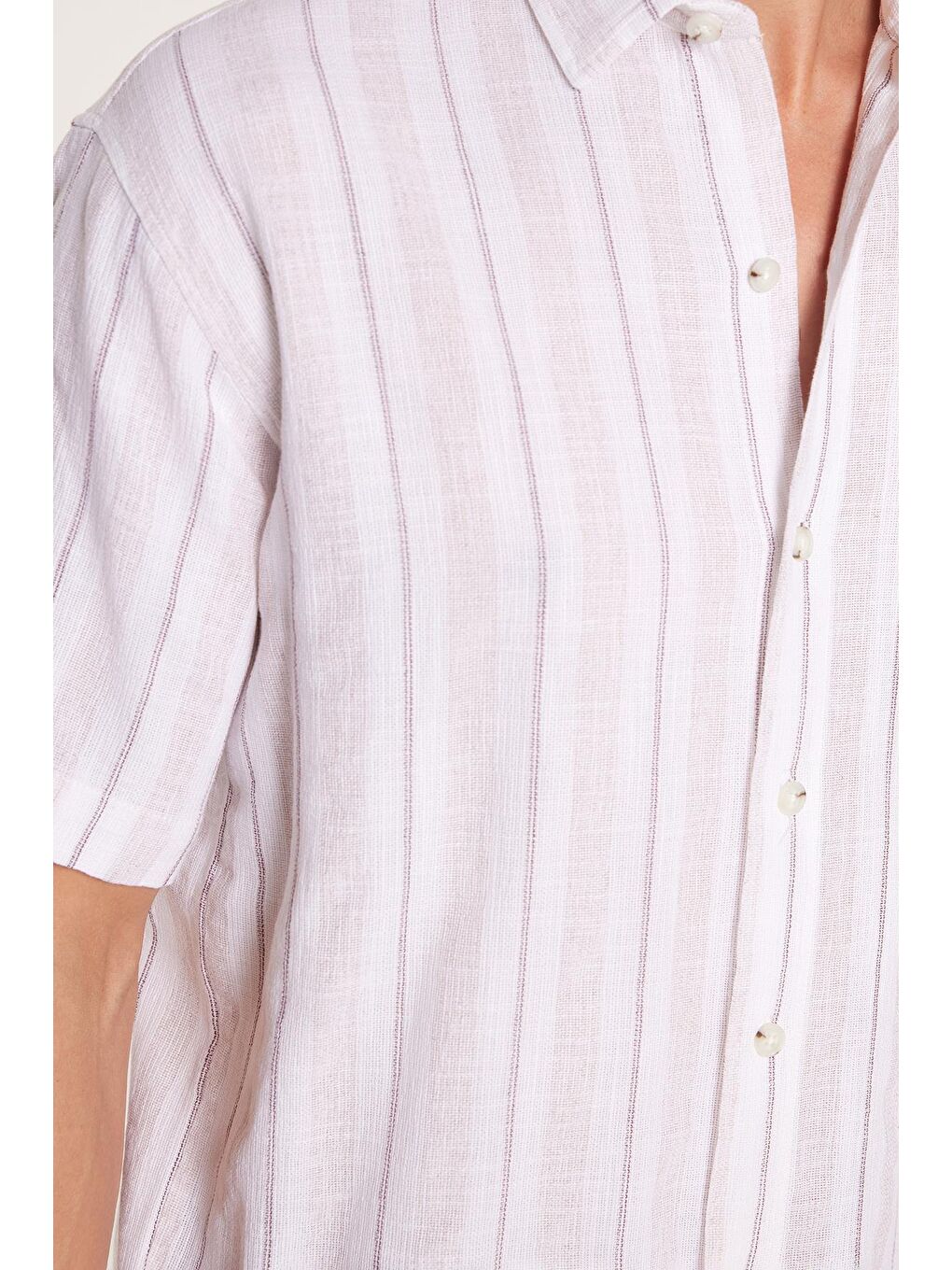 Karışık Relax Fit Oversıze Pamuklu Keten Efekt Çizgili Özel Tasarım Erkek Gömlek-2