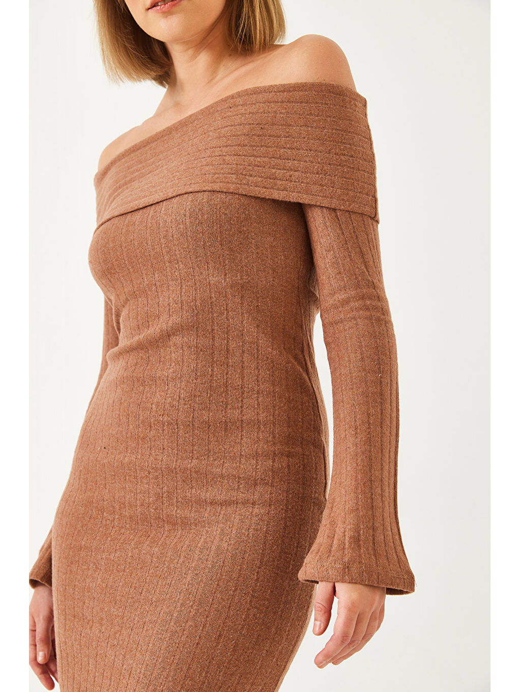 Kahverengi Kadın Madonna Yaka İspanyol Kol Fitilli Elbise-4