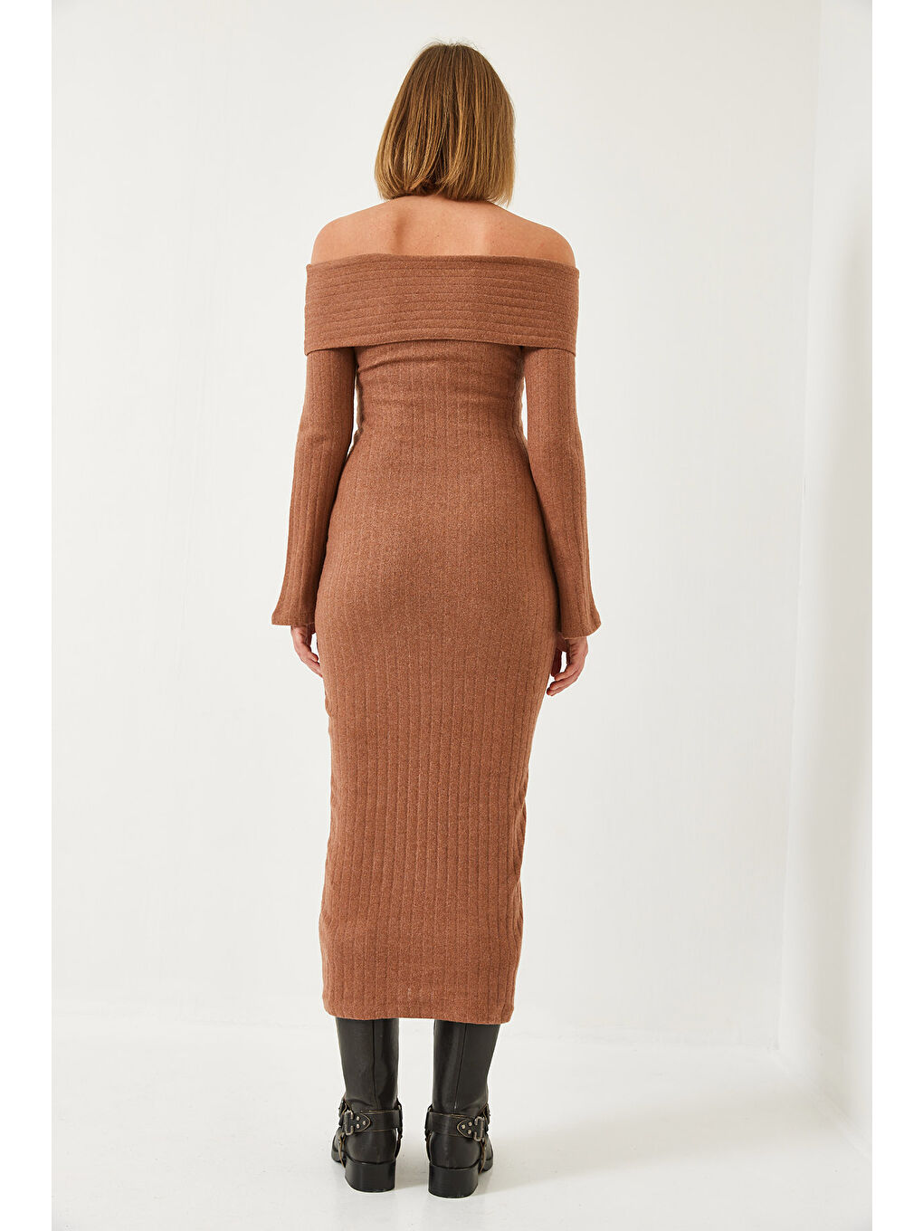 Kahverengi Kadın Madonna Yaka İspanyol Kol Fitilli Elbise-5