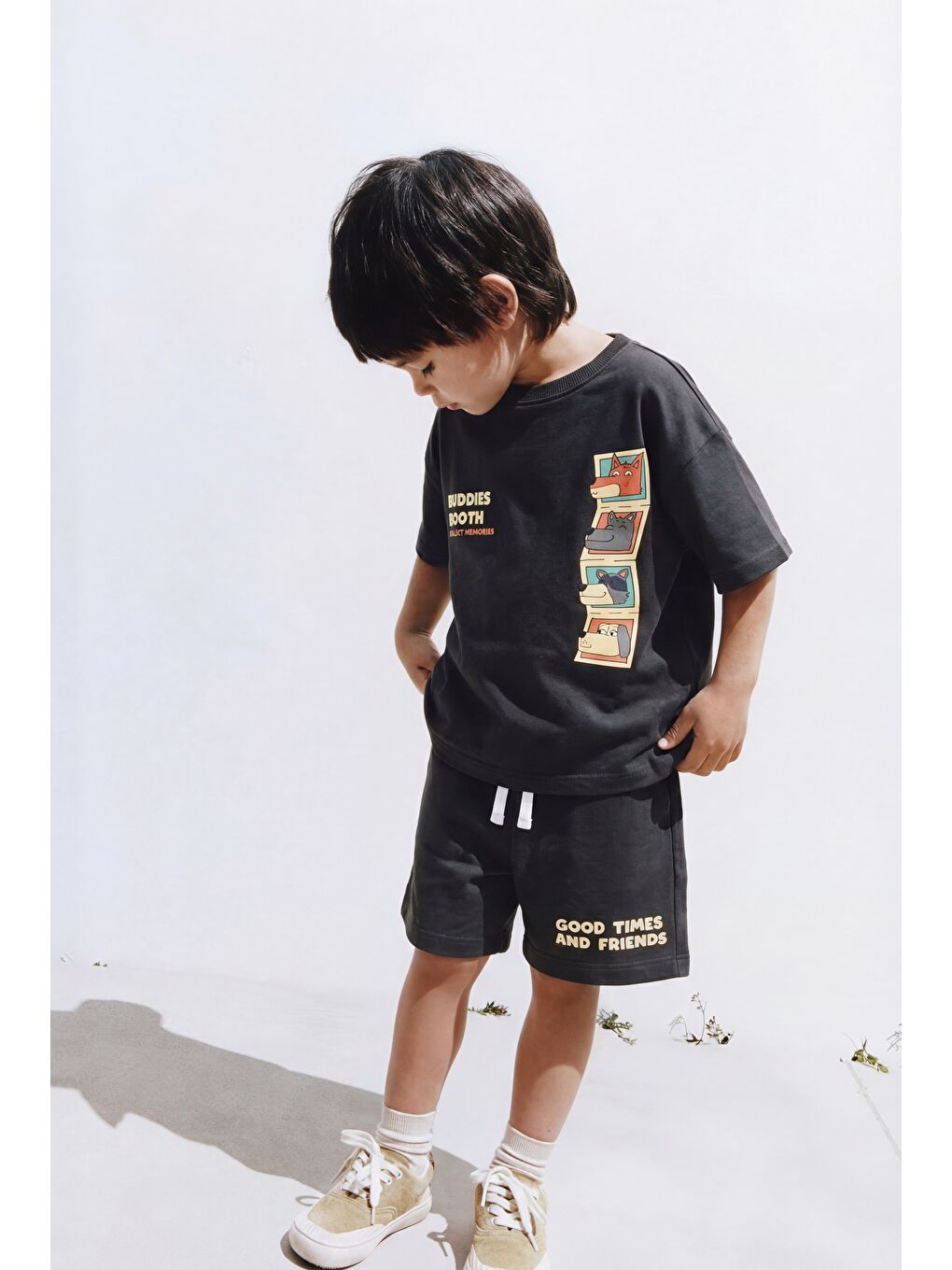 Unisex Çocuk Pamuklu Siyah Hayvan Baskılı Tişört Şort Takım - Yazı Detaylı