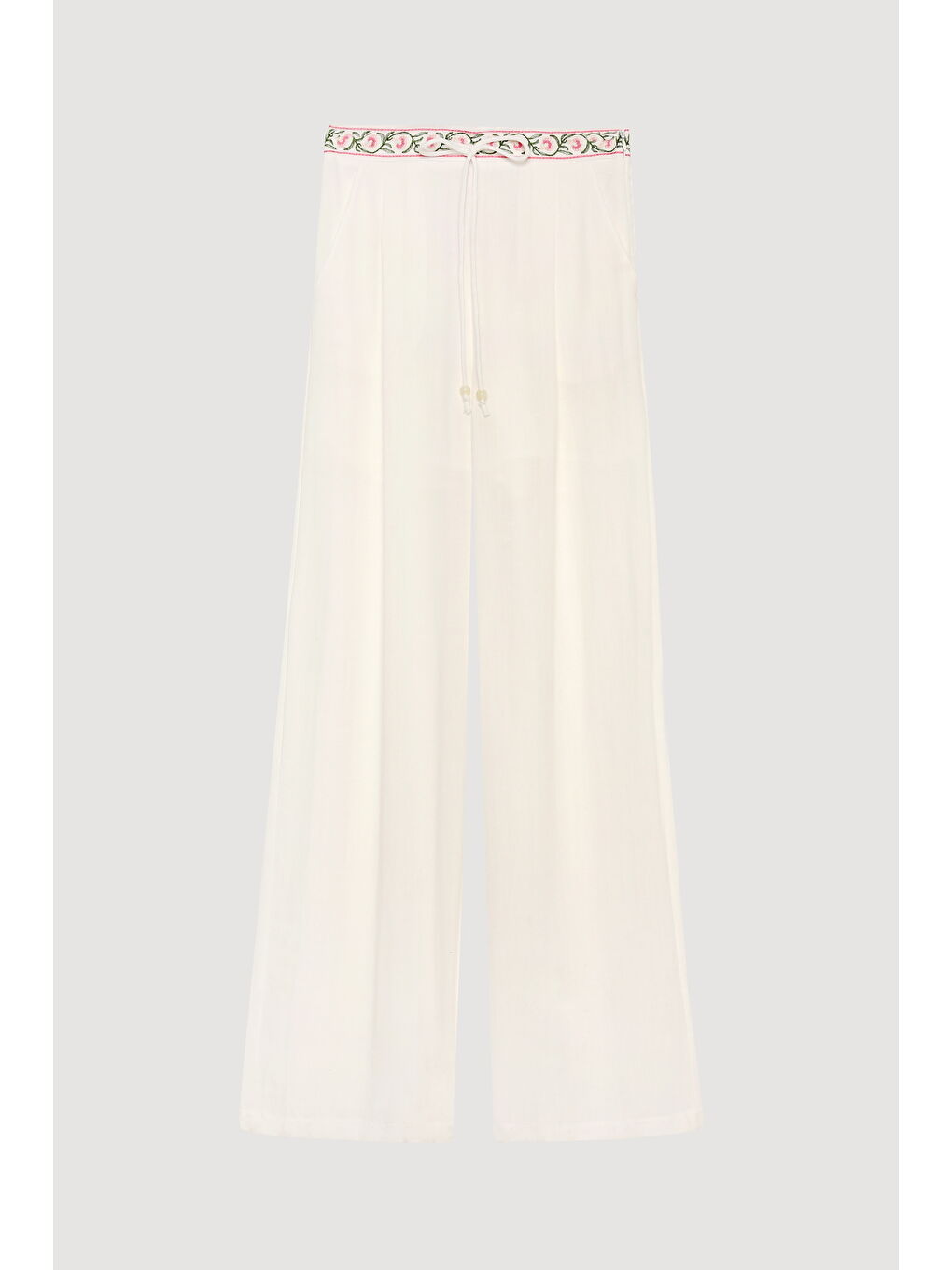 Beli Bağlamalı Nakışlı Bol Paça Pantolon Ekru-1