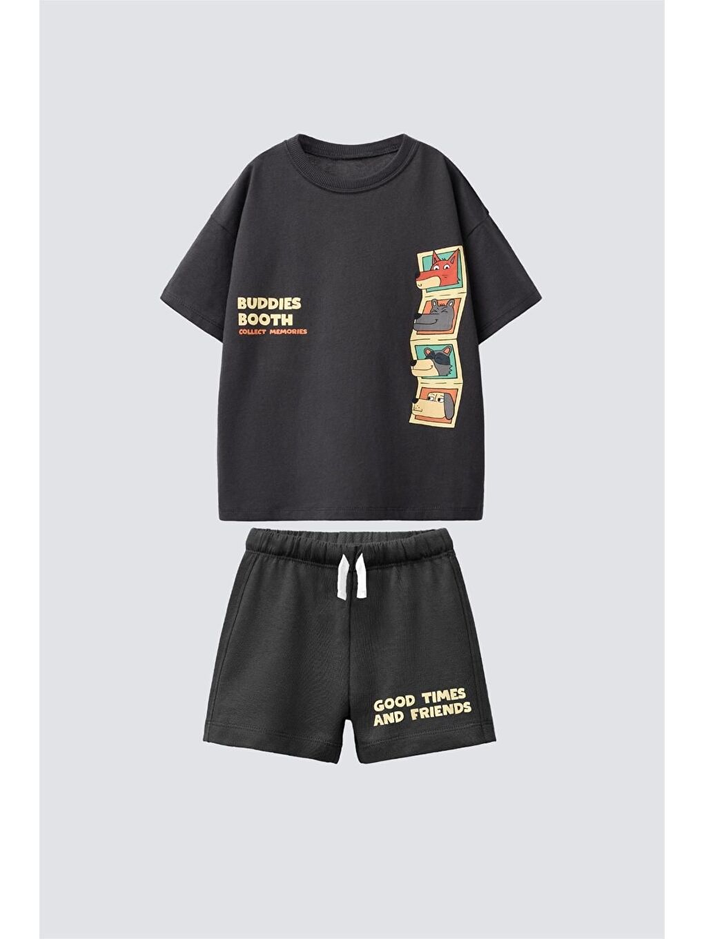 Unisex Çocuk Pamuklu Siyah Hayvan Baskılı Tişört Şort Takım - Yazı Detaylı-2