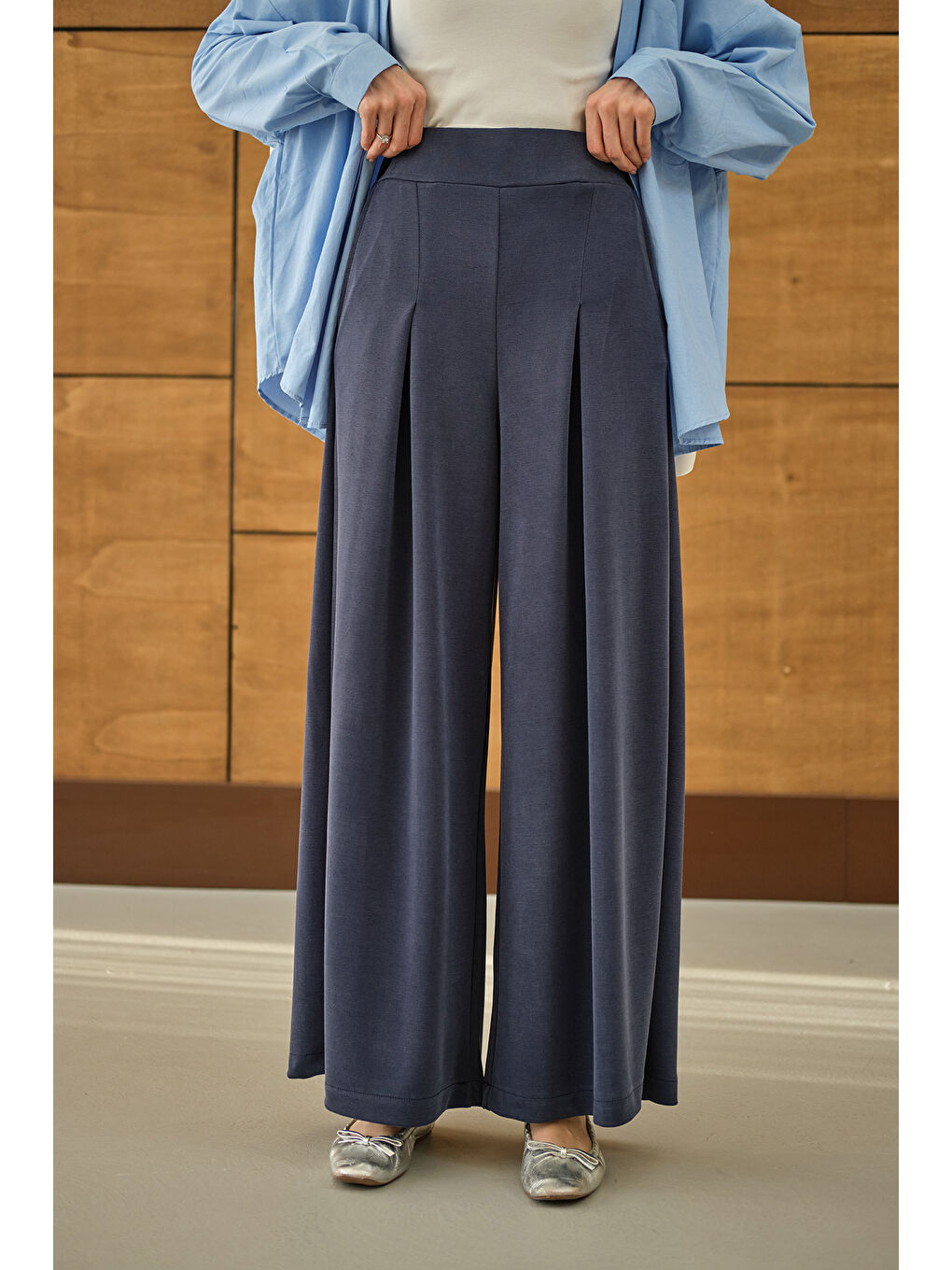 Kadın Bol Paça Pantolon İndigo Mavi-4
