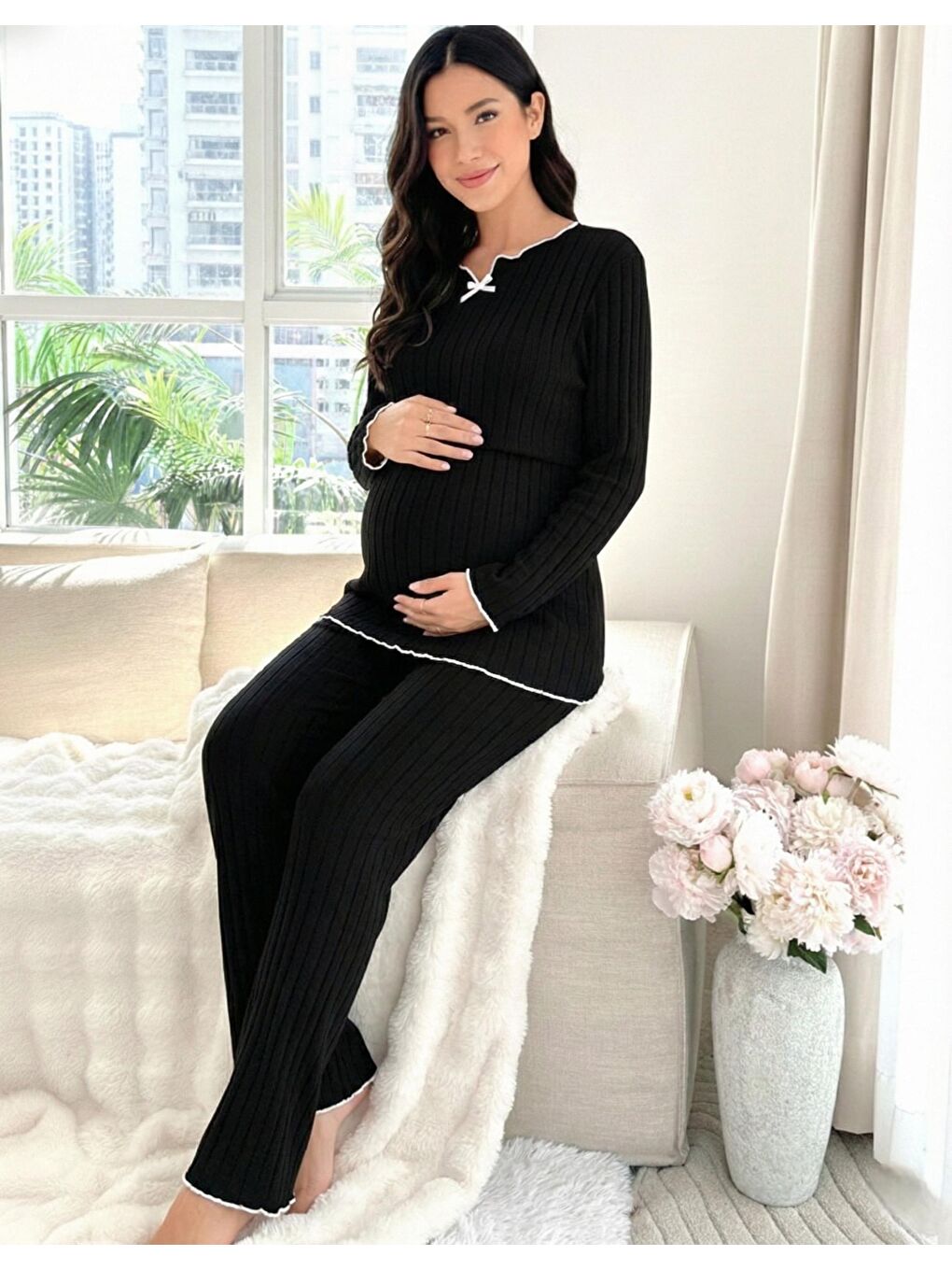 Siyah Yumoş Dokulu Emzirmeye Uygun Ayarlanabilir Bel Destekli Hamile & Lohusa Pijama Takımı-1