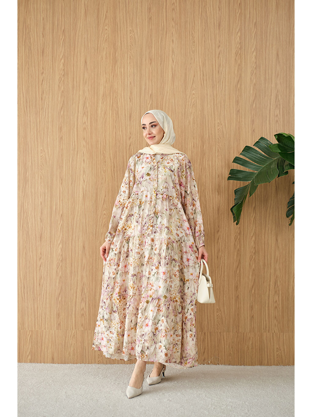 Kadın Soft Lale Desen Elbise Yeşil-1