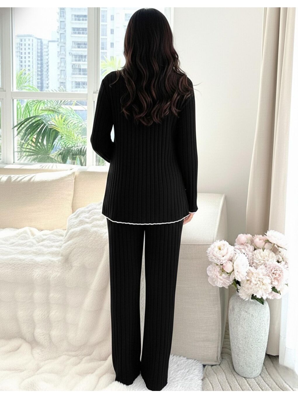 Siyah Yumoş Dokulu Emzirmeye Uygun Ayarlanabilir Bel Destekli Hamile & Lohusa Pijama Takımı-2