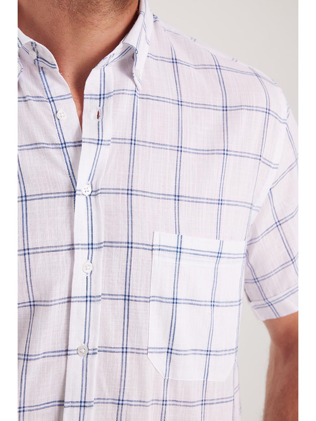 Karışık Erkek Regular Fit Klasik Kesim %100 Pamuk Keten Doku Cepli Kareli Kısa Kollu Düğmeli Yaka Gömlek-2