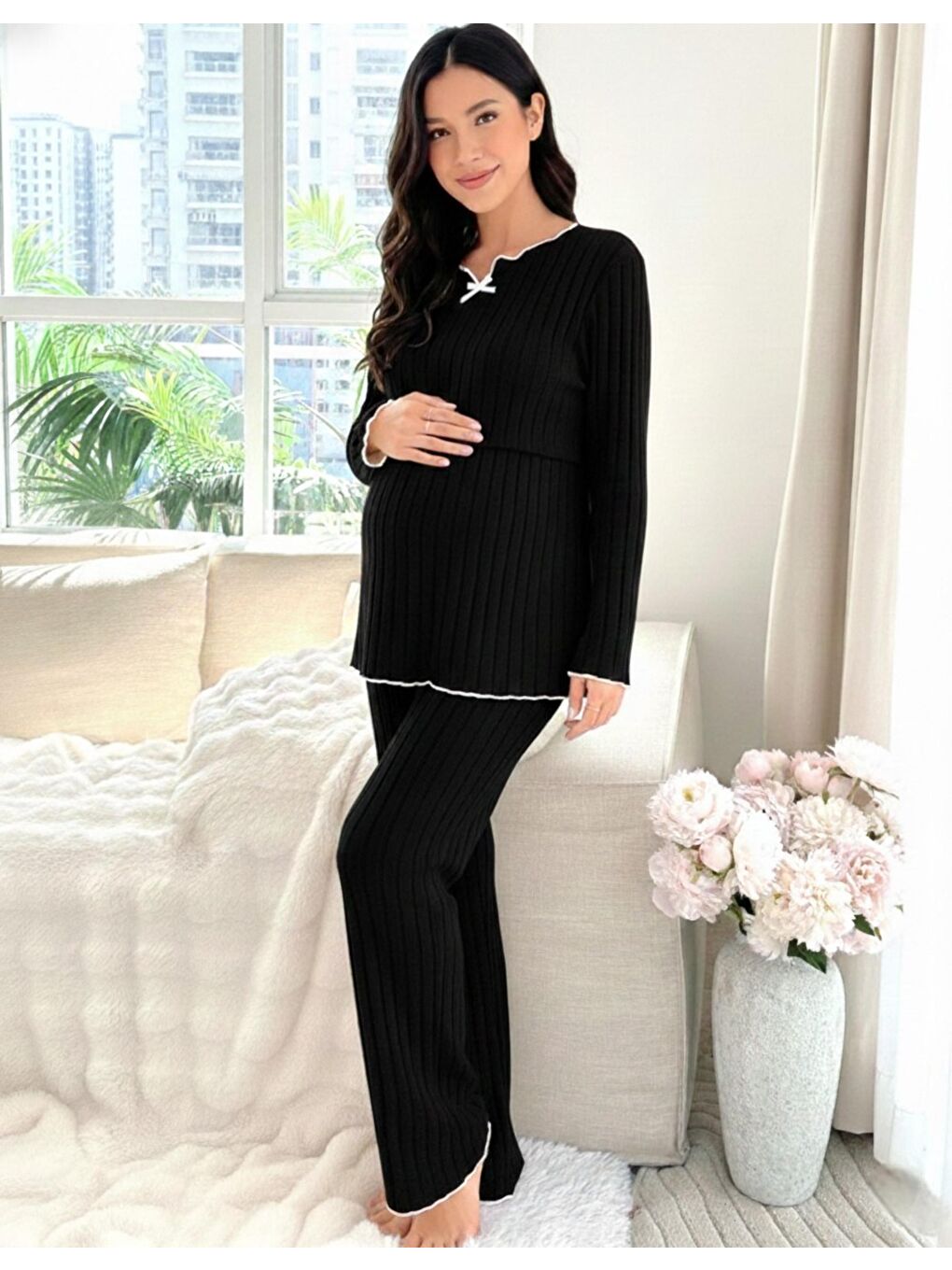 Siyah Yumoş Dokulu Emzirmeye Uygun Ayarlanabilir Bel Destekli Hamile & Lohusa Pijama Takımı-3
