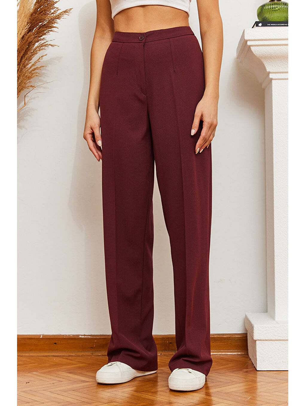 Bordo Kadın Palazzo Kumaş Pantolon-3