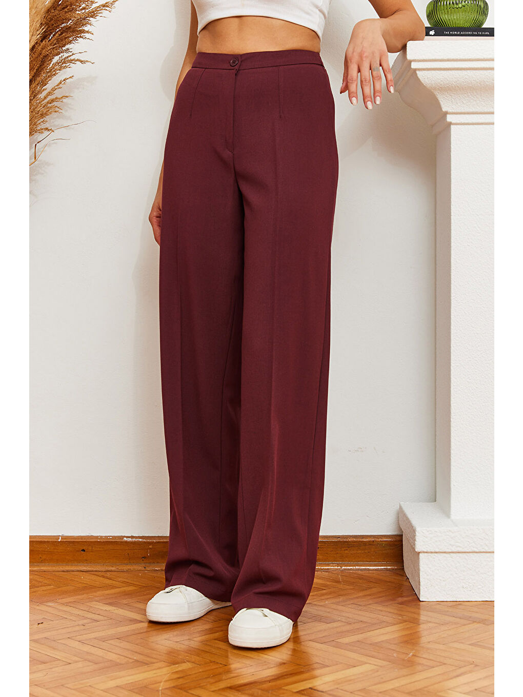 Bordo Kadın Palazzo Kumaş Pantolon-4