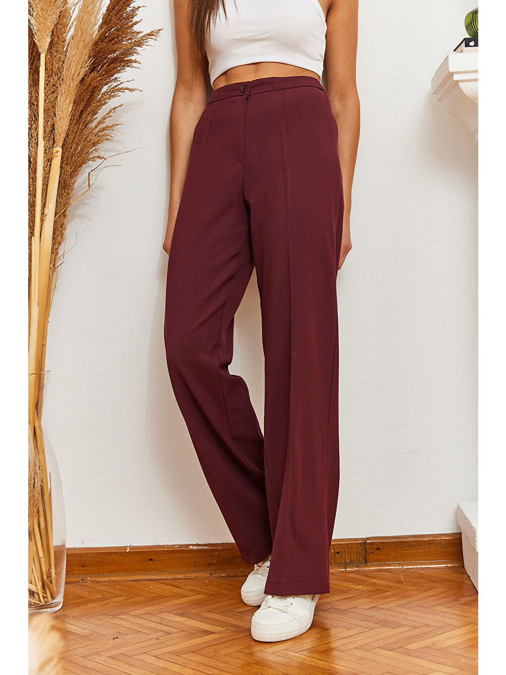 Bordo Kadın Palazzo Kumaş Pantolon-5
