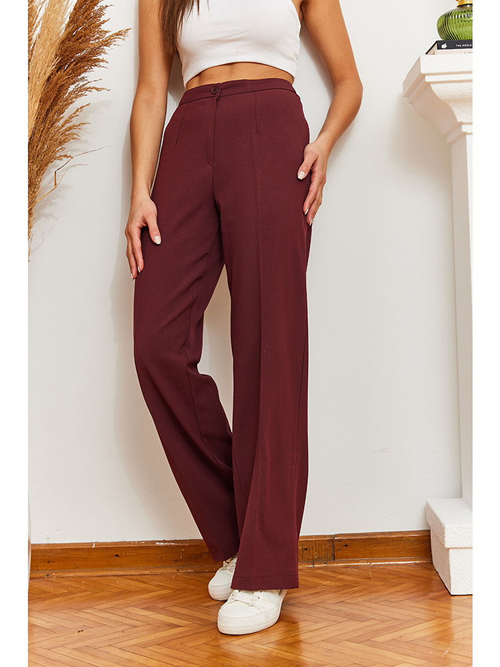 Bordo Kadın Palazzo Kumaş Pantolon-6