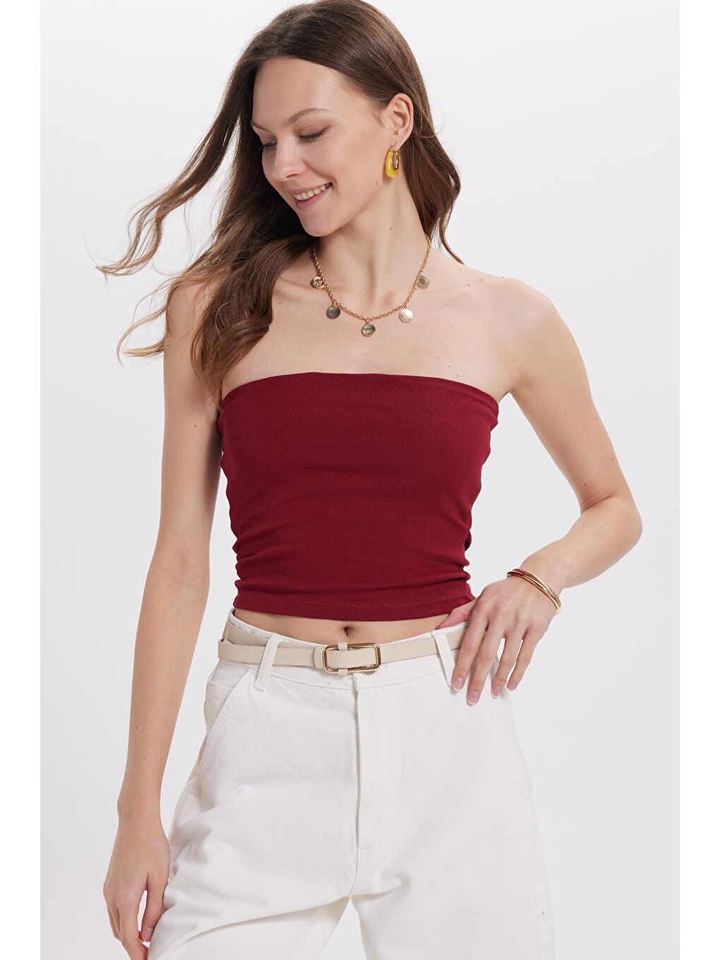 Kadın Slim Fit Dar Kesim Pamuklu Straplez Bordo  Bluz-1