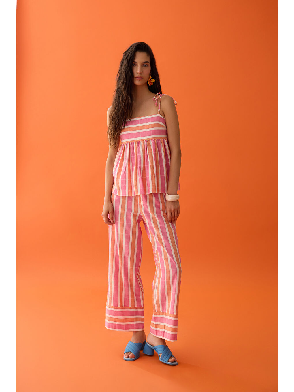 Renkli Çizgili Yüksek Bel Pantolon Pembe