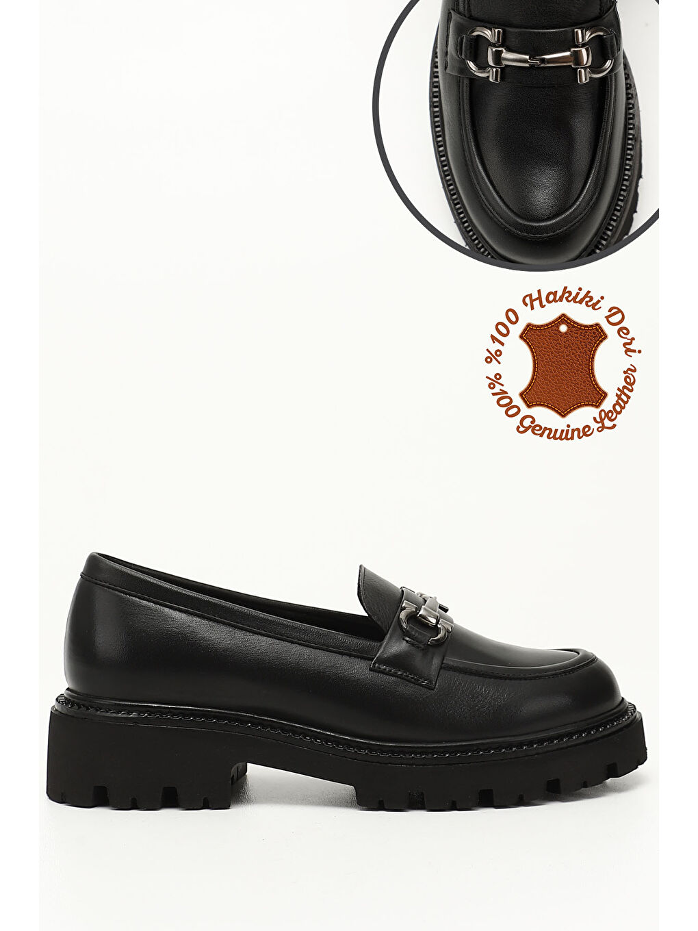 Mor Kadın ZÜMRÜT-SİYAH Kalın Topuklu Tokalı Hakiki Deri Loafer Ayakkabı-2