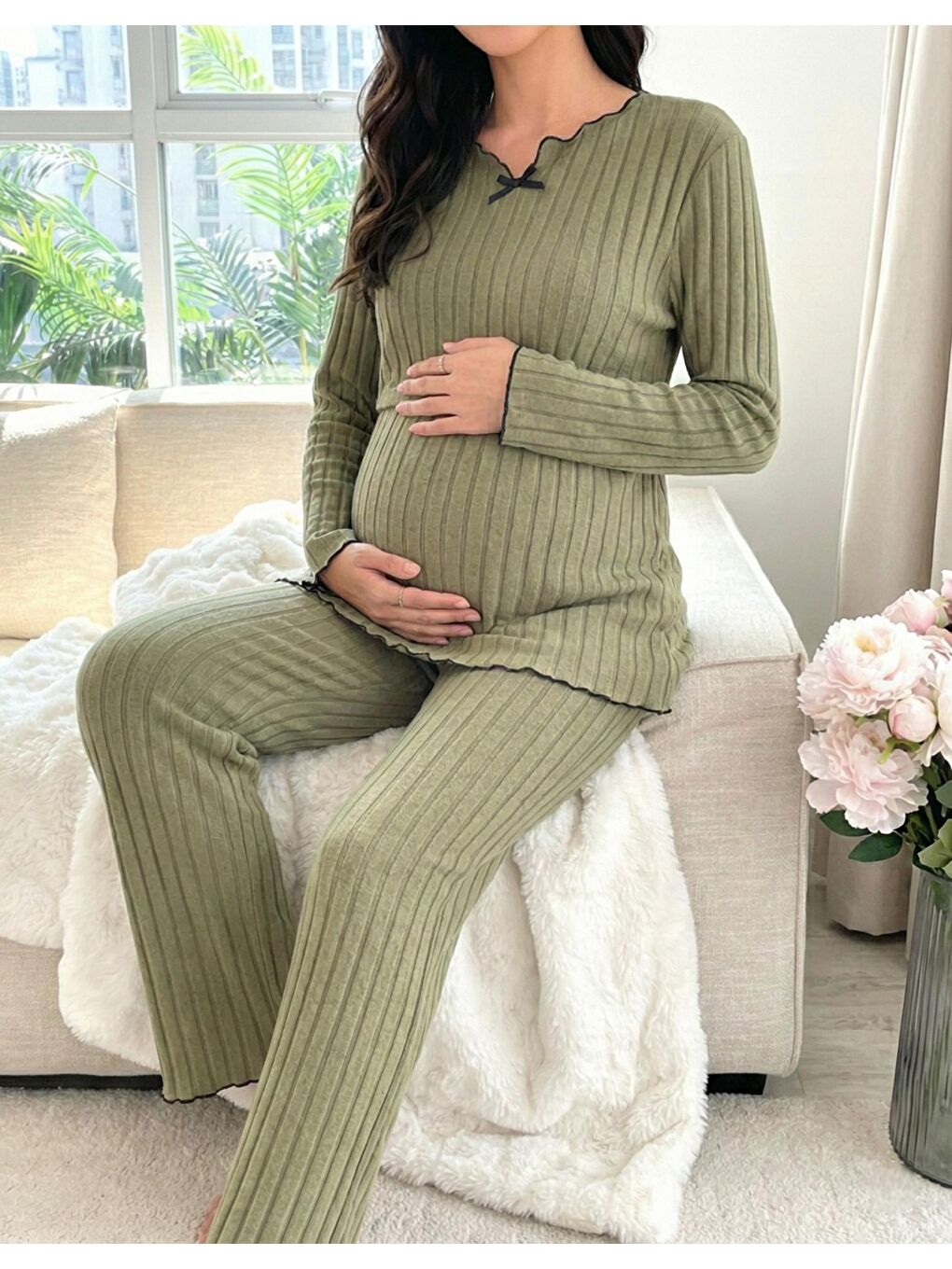 Haki Yumoş Dokulu Emzirmeye Uygun Ayarlanabilir Bel Destekli Hamile & Lohusa Pijama Takımı