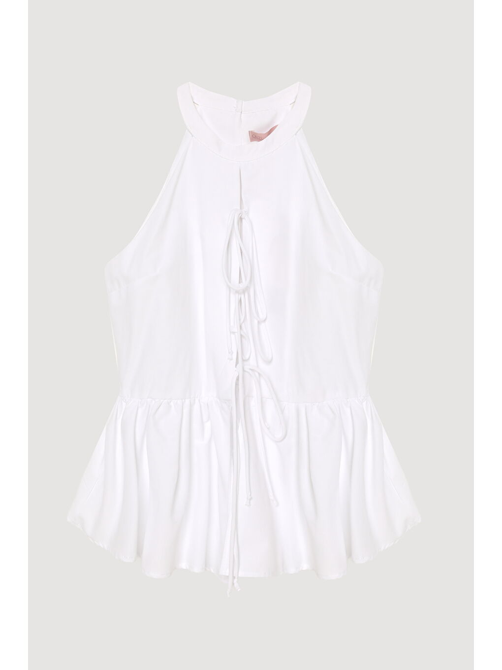 Önü Bağcıklı Halter Yaka Bluz Beyaz-1