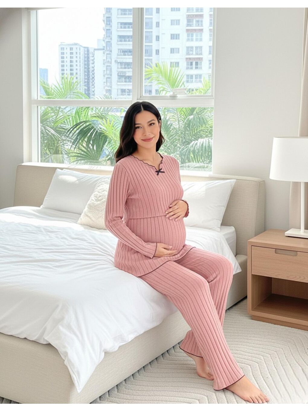 Pembe Gül Kurusu Yumoş Dokulu Emzirmeye Uygun Ayarlanabilir Bel Destekli Hamile & Lohusa Pijama Takımı-2